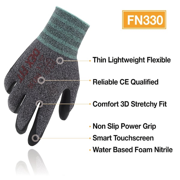 Nitrile Work Gloves FN330, 3D-Comfort Fit, Grip, Thin & Lightweight, Blackgrey, Size XS 6, 3PK